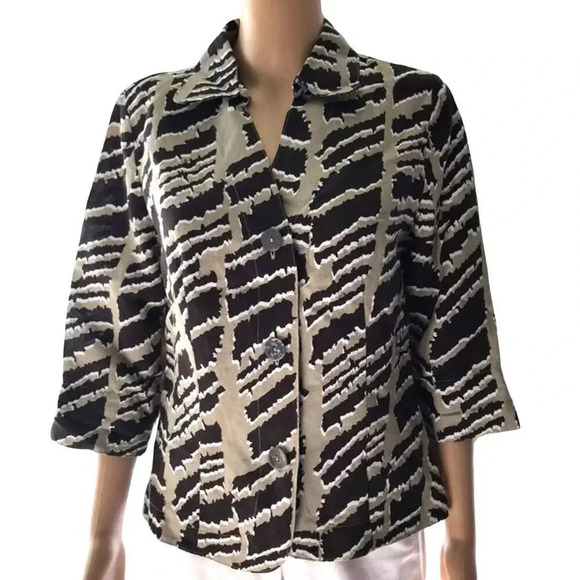 East5th Linen Blend Buttons Up Gray Black Zebra Print Women's Shirt Blouse PM - Picture 1 of 6